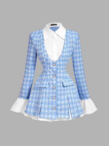 SHEIN MOD 大尺碼女款 2 合 1 黑色收腰長袖荷葉邊西裝外套，秋季外套，半正式洋裝，新年穿搭，商務休閒 - 藍白色 - 查看 2