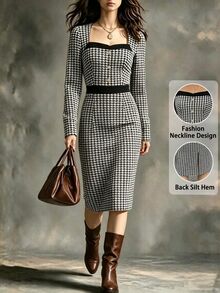 SHEIN This New Autumn Style Features An Elegant Women's Dress With A Retro Black And White Houndstooth Pattern, Perfect For Christmas Or Commuting. - Black - View 6