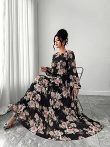 Elenzga 大尺碼休閒星空優雅A字長袖百褶梭織洋裝，黑色花卉，適合秋季度假、秋季婚禮賓客、早午餐，百搭款 - 黑色 - 查看 6