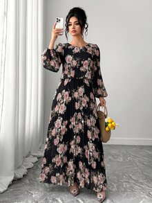 Elenzga 大尺碼休閒星空優雅A字長袖百褶梭織洋裝，黑色花卉，適合秋季度假、秋季婚禮賓客、早午餐，百搭款 - 黑色 - 查看 4