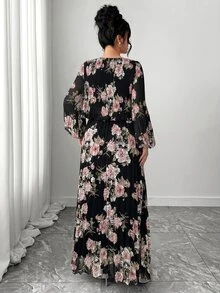 Elenzga 大尺碼休閒星空優雅A字長袖百褶梭織洋裝，黑色花卉，適合秋季度假、秋季婚禮賓客、早午餐，百搭款 - 黑色 - 查看 3