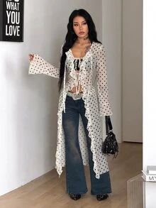 Coolane 性感女款派對與音樂節外罩衫，蕾絲肩帶搭配荷葉邊緞帶，辣妹風格 - 白色 - 查看 3