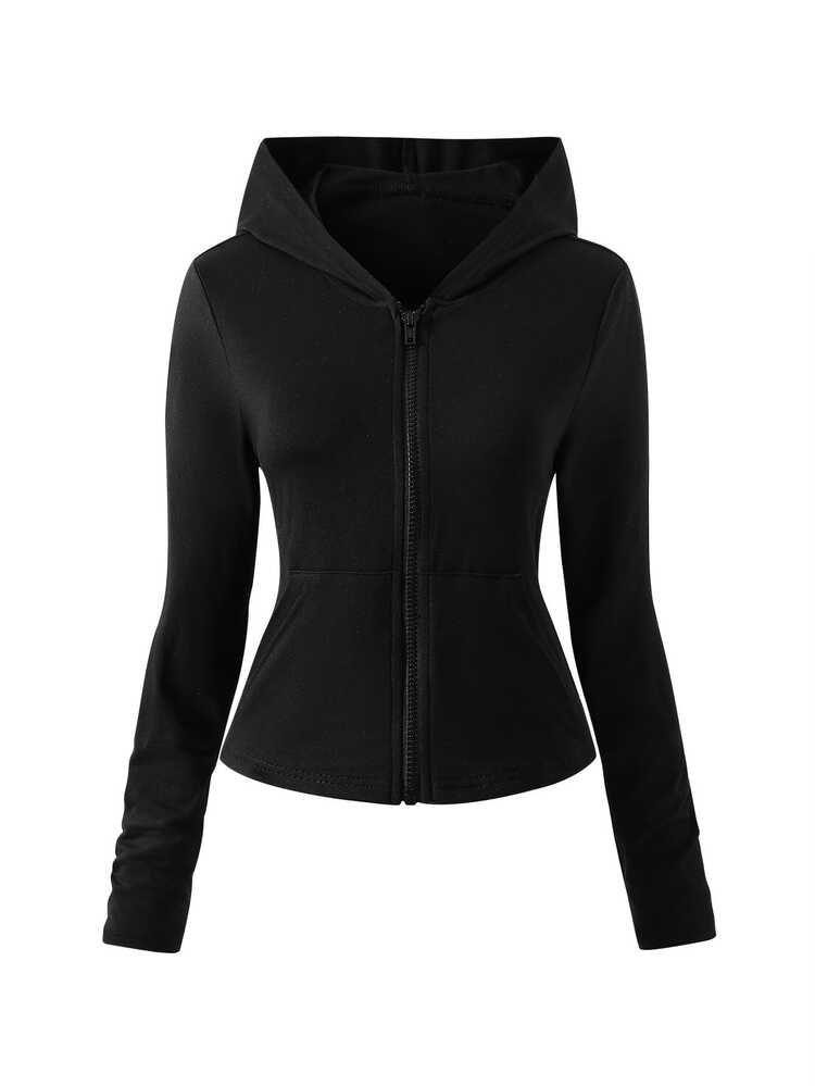 SHEIN Sparklyn Teen Girls' Girls' Zip-Up Lightweight Workout Jacket, Fall Clothes, Slim Fit Sports Coat For Runnin, Gym, Yoga Autumn Fall - Black - View 3