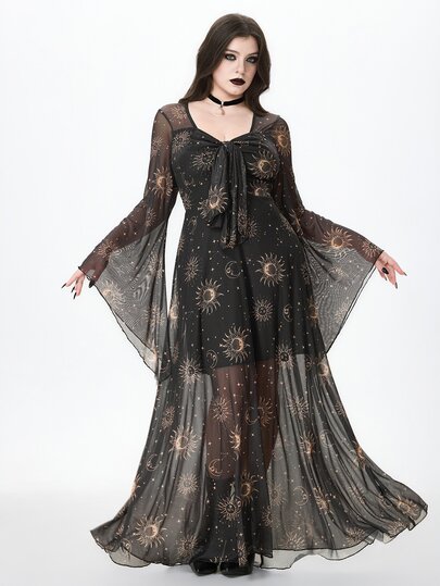 Goth Vestido de malla elástica cómodo de talla grande con mangas acampanadas, estampado vintage gótico oscuro y misterioso de bruja, adivinación, sol, luna y estrellas
