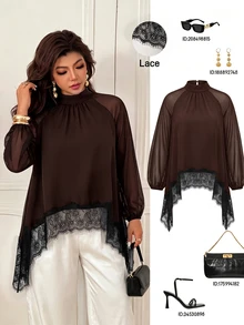 Femmeverse Plus Size Women's Fashion Elegant Ruched Cowl Neck Raglan Long Sleeve Contrast Lace Trim Solid Color Blouse, Suitable For Spring And Summer Fall - Coffee Brown - View 1