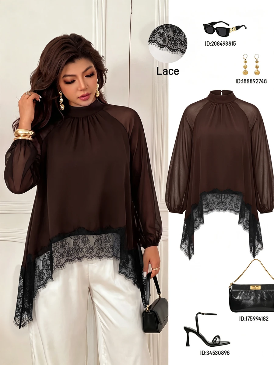 Femmeverse Plus Size Women's Fashion Elegant Ruched Cowl Neck Raglan Long Sleeve Contrast Lace Trim Solid Color Blouse, Suitable For Spring And Summer Fall - Coffee Brown - View 1