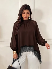 Femmeverse Plus Size Women's Fashion Elegant Ruched Cowl Neck Raglan Long Sleeve Contrast Lace Trim Solid Color Blouse, Suitable For Spring And Summer Fall - Coffee Brown - View 5