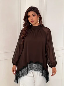 Femmeverse Plus Size Women's Fashion Elegant Ruched Cowl Neck Raglan Long Sleeve Contrast Lace Trim Solid Color Blouse, Suitable For Spring And Summer Fall - Coffee Brown - View 3