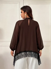 Femmeverse Plus Size Women's Fashion Elegant Ruched Cowl Neck Raglan Long Sleeve Contrast Lace Trim Solid Color Blouse, Suitable For Spring And Summer Fall - Coffee Brown - View 2