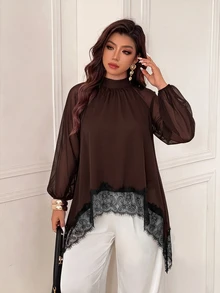 Femmeverse Plus Size Women's Fashion Elegant Ruched Cowl Neck Raglan Long Sleeve Contrast Lace Trim Solid Color Blouse, Suitable For Spring And Summer Fall - Coffee Brown - View 4