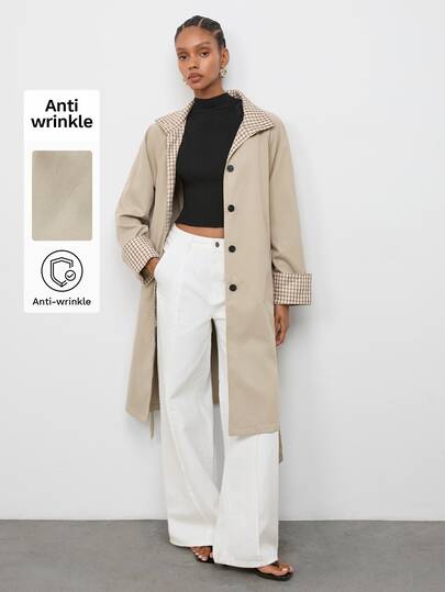 Maija Women's Long Plaid Patchwork Trench Coat Jacket, Autumn/Winter Office Everyday Grey Classic Elegant Classic