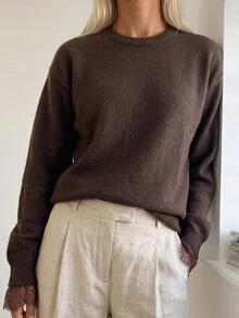 Sprig & Strand Women's Round Neck Solid Color Back Slit Contrast Lace Pullover Sweater - Coffee Brown - View 4