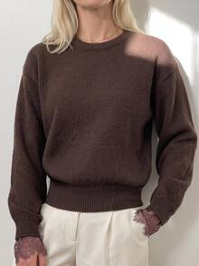Sprig & Strand Women's Round Neck Solid Color Back Slit Contrast Lace Pullover Sweater - Coffee Brown - View 5