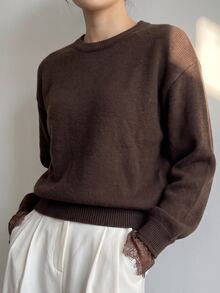 Sprig & Strand Women's Round Neck Solid Color Back Slit Contrast Lace Pullover Sweater - Coffee Brown - View 6