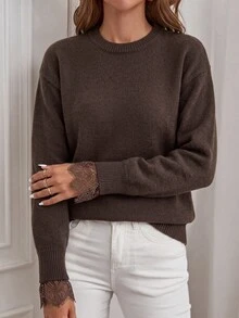 Sprig & Strand Women's Round Neck Solid Color Back Slit Contrast Lace Pullover Sweater - Coffee Brown - View 3