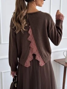 Sprig & Strand Women's Round Neck Solid Color Back Slit Contrast Lace Pullover Sweater - Coffee Brown - View 1