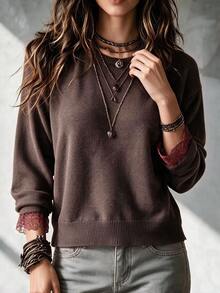 Sprig & Strand Women's Round Neck Solid Color Back Slit Contrast Lace Pullover Sweater - Coffee Brown - View 2