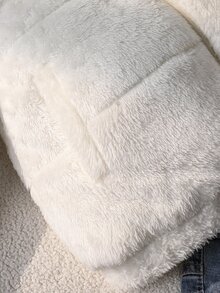 SHEIN Girls Big Tween Girl Off-White Fleece Padded Coat, Winter Cute Kawaii Minimalist Stand Collar Zipper Quilted Long Sleeve Short Loose Fit School - White - View 9