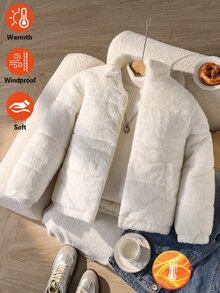 SHEIN Girls Big Tween Girl Off-White Fleece Padded Coat, Winter Cute Kawaii Minimalist Stand Collar Zipper Quilted Long Sleeve Short Loose Fit School - White - View 3