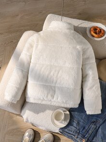 SHEIN Girls Big Tween Girl Off-White Fleece Padded Coat, Winter Cute Kawaii Minimalist Stand Collar Zipper Quilted Long Sleeve Short Loose Fit School - White - View 4