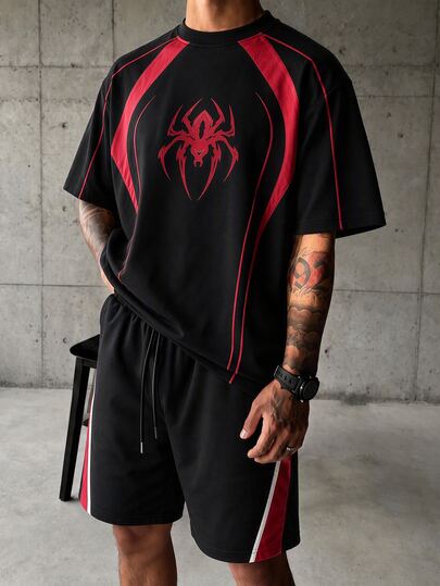 Sport MetroGents Men's Spider Print Short Sleeve T-Shirt And Shorts Sports Set,Halloween, Gym