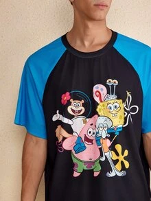 SpongeBob SquarePants | SHEIN طقم ملابس منزلية للرجال تي شيرت بأكمام قصيرة راجلان وشورت - الأسود - مشاهدة 5