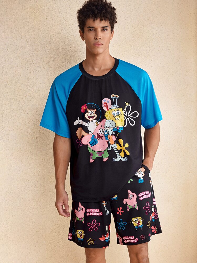SpongeBob SquarePants | SHEIN 男士插肩袖短袖T恤與短褲居家休閒套裝 - 黑色 - 查看 1