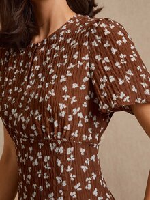 lacRébo Romantic Brown Midi Dress With Blue Floral Print, Short Sleeves And Front Opening - Brown - View 4