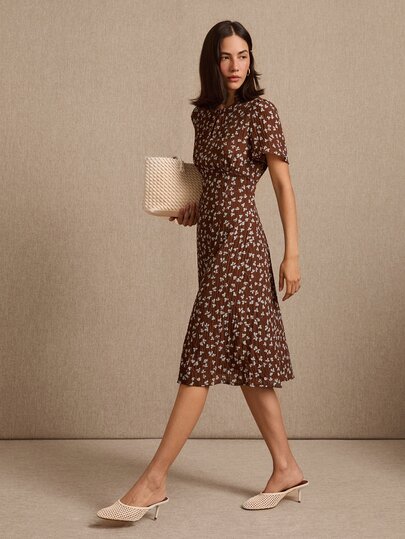 lacRébo Romantic Brown Midi Dress With Blue Floral Print, Short Sleeves And Front Opening