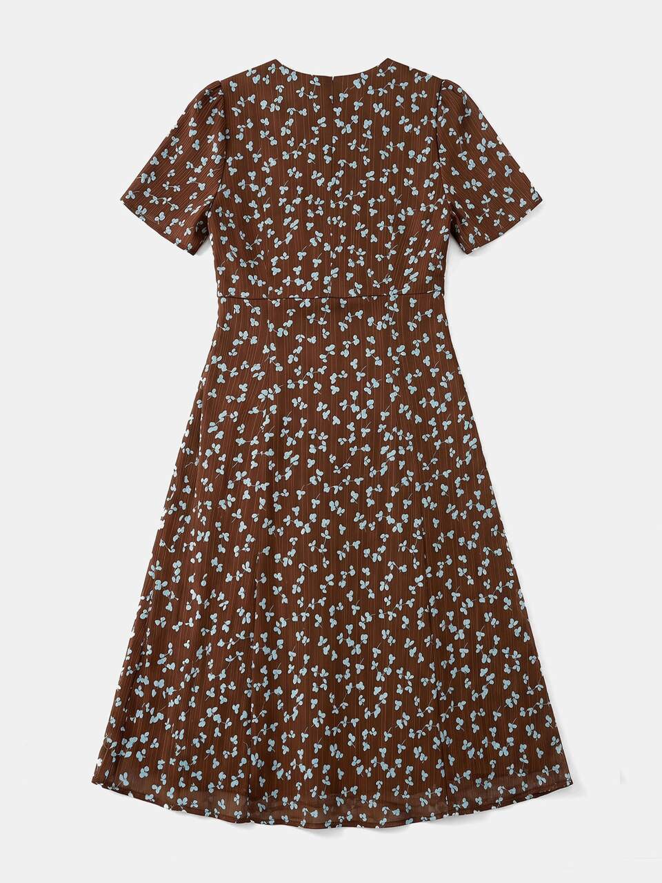 Romantic Brown Midi Dress With Blue Floral Print, Short Sleeves And Front Opening