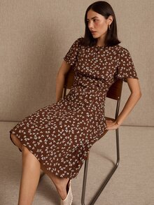 lacRébo Romantic Brown Midi Dress With Blue Floral Print, Short Sleeves And Front Opening - Brown - View 5