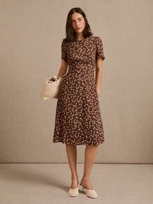 lacRébo Romantic Brown Midi Dress With Blue Floral Print, Short Sleeves And Front Opening - Brown - View 7