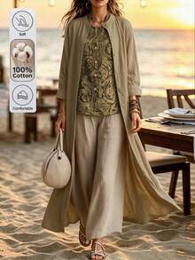 Breezaya Vintage Print Button Notch V-Neck Top, Drawstring Waist Pocket Pants, And Relaxed Single-Breasted Long Robe 3-Piece Set, Lazy Style - Multicolor - View 5