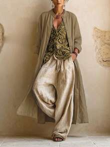 Breezaya Vintage Print Button Notch V-Neck Top, Drawstring Waist Pocket Pants, And Relaxed Single-Breasted Long Robe 3-Piece Set, Lazy Style - Multicolor - View 1