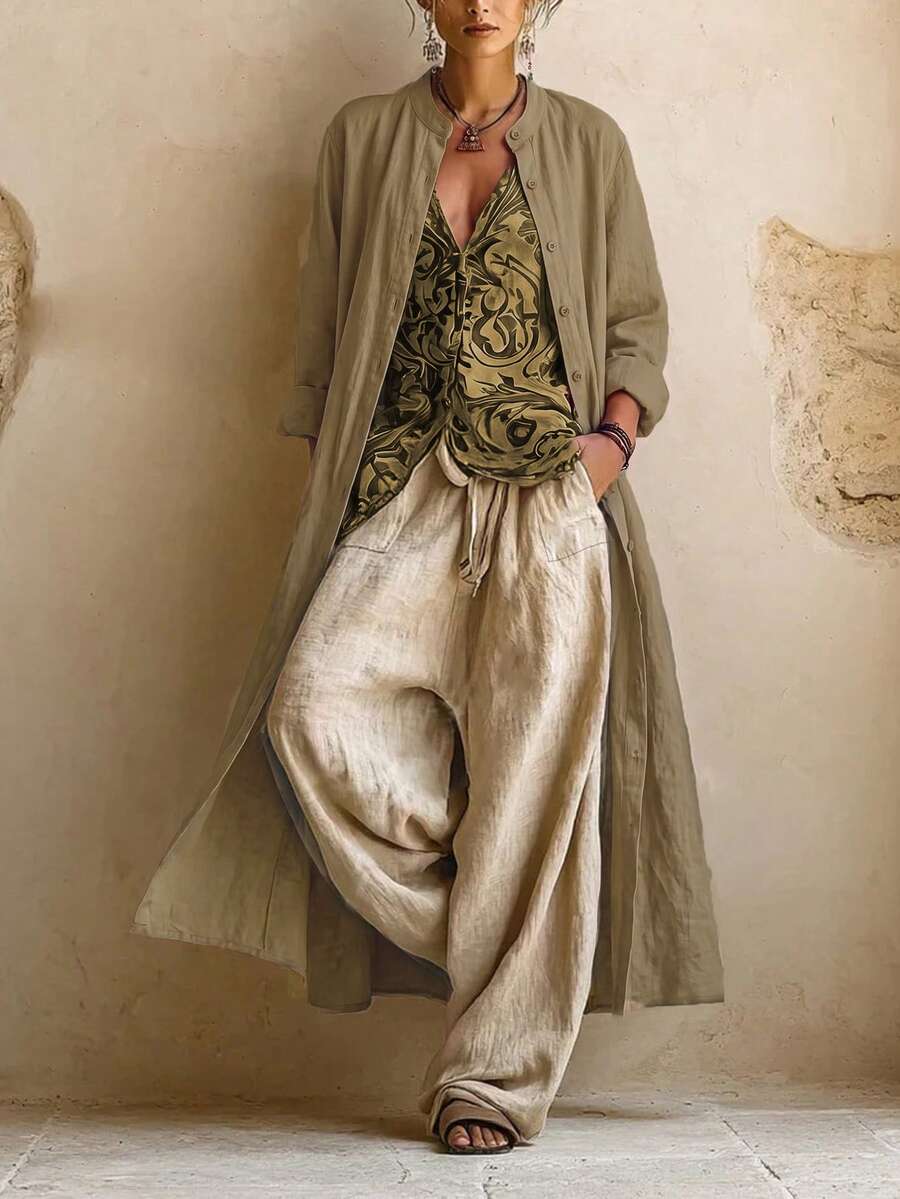 Breezaya Vintage Print Button Notch V-Neck Top, Drawstring Waist Pocket Pants, And Relaxed Single-Breasted Long Robe 3-Piece Set, Lazy Style - Multicolor - View 1