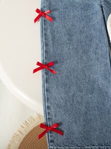 SHEIN Elladie kids 女童夏季新款简约领拼接撞色英伦蝴蝶结印花T恤休闲直筒弹力腰裤侧蝴蝶结牛仔长裤夏季休闲时尚甜美套装 - 紅色 - 查看 5