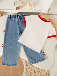 SHEIN Elladie kids 女童夏季新款简约领拼接撞色英伦蝴蝶结印花T恤休闲直筒弹力腰裤侧蝴蝶结牛仔长裤夏季休闲时尚甜美套装 - 紅色 - 查看 3
