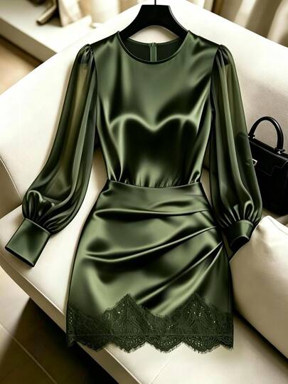 Franclia Women's Short Dress With High Neck, Satin Satin Sleeves, Bodycon Hem And Contrast Lace