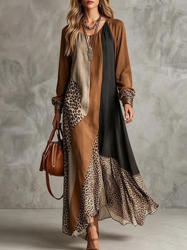 SHEIN 2026 New Leopard Print Color Block Patchwork Long Sleeve Dress For Women, European American Vintage Round Neck Loose Maxi Dress, Geometric Color Block Patchwork Lantern Sleeve Knee-Length Dress, Slouchy Casual Cover-Up Long Dress, Spring Autumn Vacation Commute Slimming Elegant Long Dress