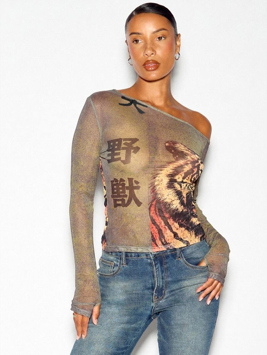 SUMWON WOMEN Off Shoulder Long Sleeve Mesh Top With Tiger Graphic Print And Japanese Kanji Script Sheer Fitted Y2K Style - Olive Green - View 1
