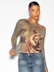 SUMWON WOMEN Off Shoulder Long Sleeve Mesh Top With Tiger Graphic Print And Japanese Kanji Script Sheer Fitted Y2K Style - Olive Green - View 4
