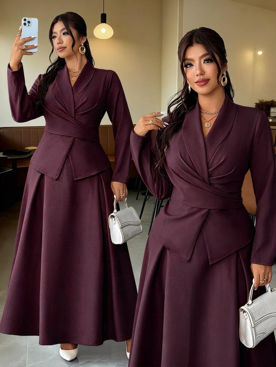 Elenzga Plus Size Women's New Elegant Spring/Summer 2-Piece Set, Ruffle Tie Blouse Long Sleeve Shirt Cardigan, Flared Skirt, Business Casual Commute Outfit, Refined Graceful Dignified Solid Color Apricot Suit - Red Violet - View 1