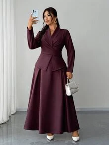 Elenzga Plus Size Women's New Elegant Spring/Summer 2-Piece Set, Ruffle Tie Blouse Long Sleeve Shirt Cardigan, Flared Skirt, Business Casual Commute Outfit, Refined Graceful Dignified Solid Color Apricot Suit - Red Violet - View 7