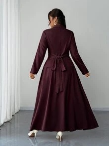 Elenzga Plus Size Women's New Elegant Spring/Summer 2-Piece Set, Ruffle Tie Blouse Long Sleeve Shirt Cardigan, Flared Skirt, Business Casual Commute Outfit, Refined Graceful Dignified Solid Color Apricot Suit - Red Violet - View 2