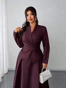 Elenzga Plus Size Women's New Elegant Spring/Summer 2-Piece Set, Ruffle Tie Blouse Long Sleeve Shirt Cardigan, Flared Skirt, Business Casual Commute Outfit, Refined Graceful Dignified Solid Color Apricot Suit - Red Violet - View 3