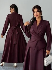 Elenzga Plus Size Women's New Elegant Spring/Summer 2-Piece Set, Ruffle Tie Blouse Long Sleeve Shirt Cardigan, Flared Skirt, Business Casual Commute Outfit, Refined Graceful Dignified Solid Color Apricot Suit - Red Violet - View 5