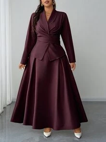 Elenzga Plus Size Women's New Elegant Spring/Summer 2-Piece Set, Ruffle Tie Blouse Long Sleeve Shirt Cardigan, Flared Skirt, Business Casual Commute Outfit, Refined Graceful Dignified Solid Color Apricot Suit - Red Violet - View 4