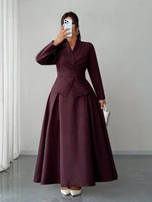 Elenzga Plus Size Women's New Elegant Spring/Summer 2-Piece Set, Ruffle Tie Blouse Long Sleeve Shirt Cardigan, Flared Skirt, Business Casual Commute Outfit, Refined Graceful Dignified Solid Color Apricot Suit - Red Violet - View 6