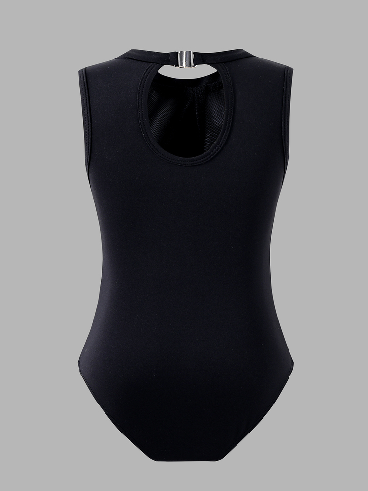 SHEIN Young Girls Activewear Fitted Black Knit Sleeveless Gymnastics Leotard Rhinestone Decoration High Elasticity Fitness Athletic Princess Sports Dance - Black - View 7