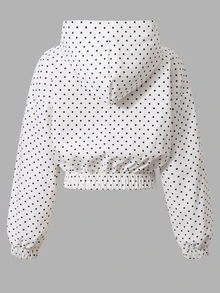 SHEIN 女童韓系休閒酷女孩白色波點連帽拉鍊外套，短版寬鬆版型彈性腰部，春秋通勤上衣，校園穿搭 - 黑與白 - 查看 4